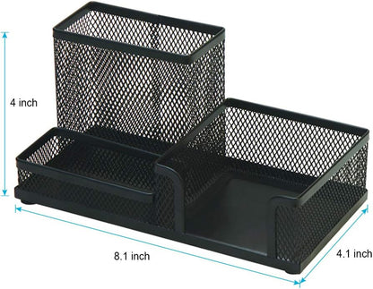 2-Piece Desk Pen & Pencil Organizer - Mesh Metal Pen Cup with Sticky Notes Holder, Black | Pen Cup