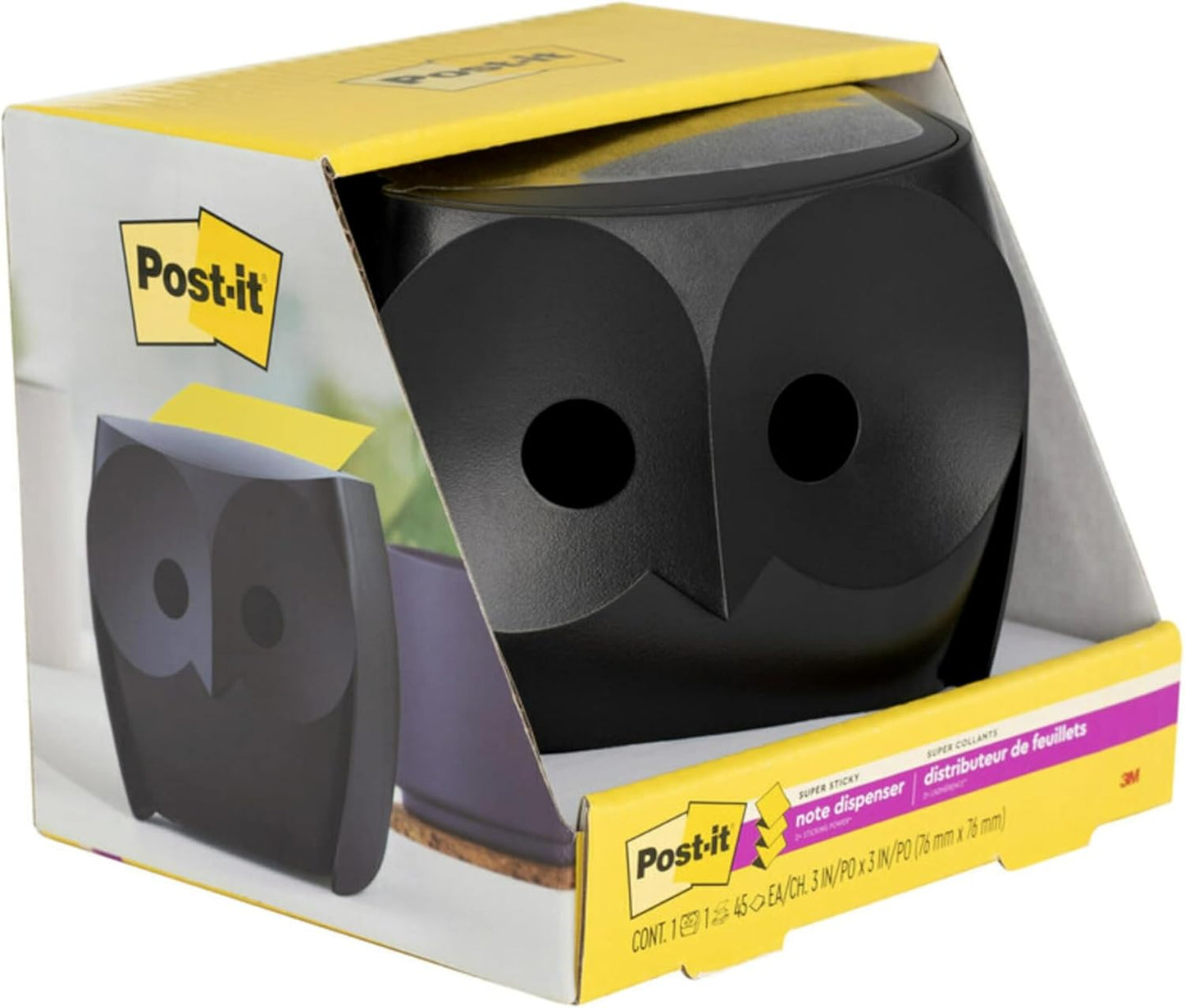 Post-it Note Dispenser, Sticky Note Holder, Black Owl Design, Includes 45 Sheets of 3 in x 3 in Citron Yellow Pop-Up Notes, Classroom or Office Supplies