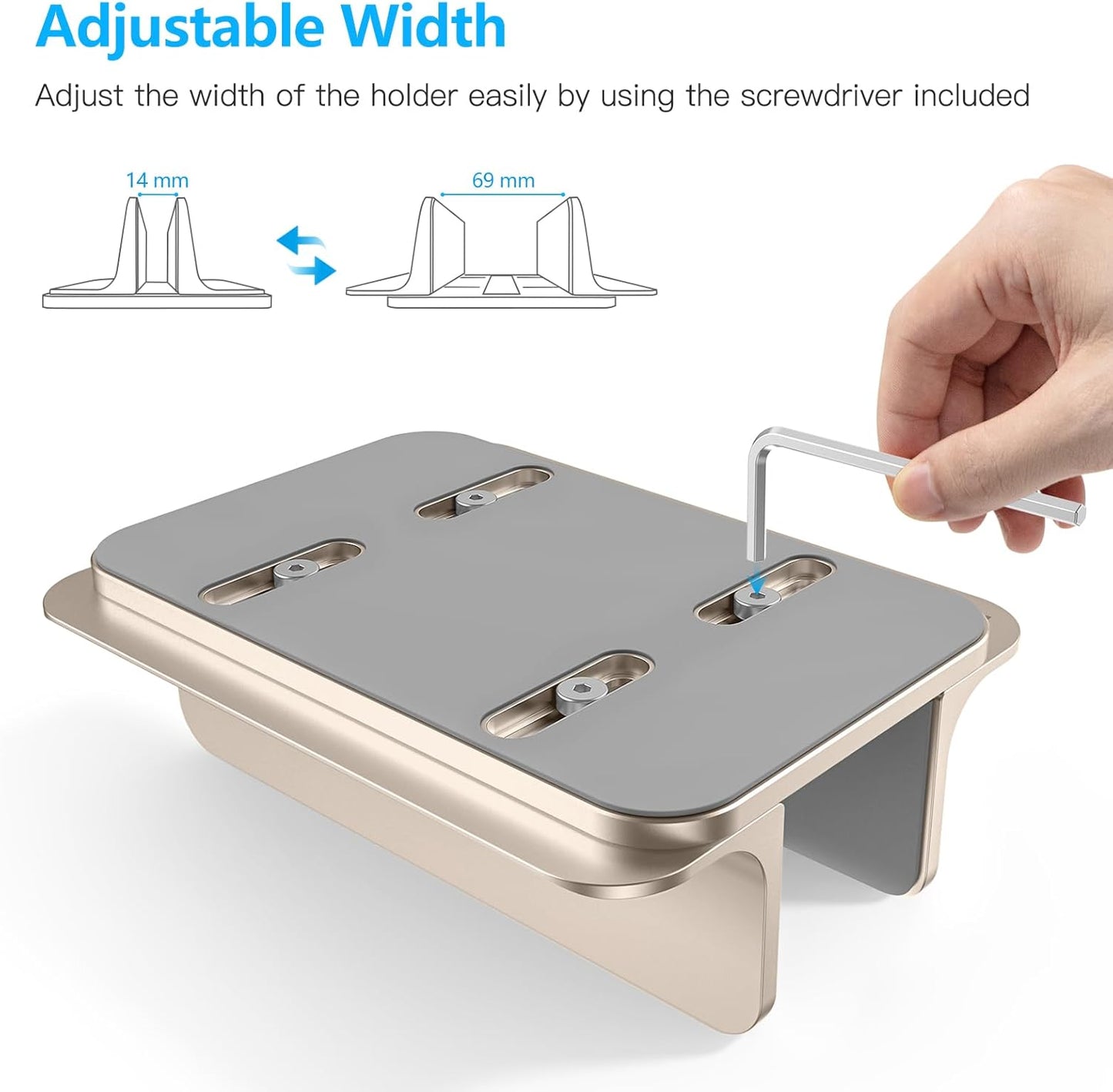 OMOTON Vertical Laptop Stand Holder, Desktop Aluminum Stand for MacBook with Adjustable Dock Size, Fits All MacBook, Surface, Chromebook and Gaming Laptops (Up to 17.3 inches), Silver