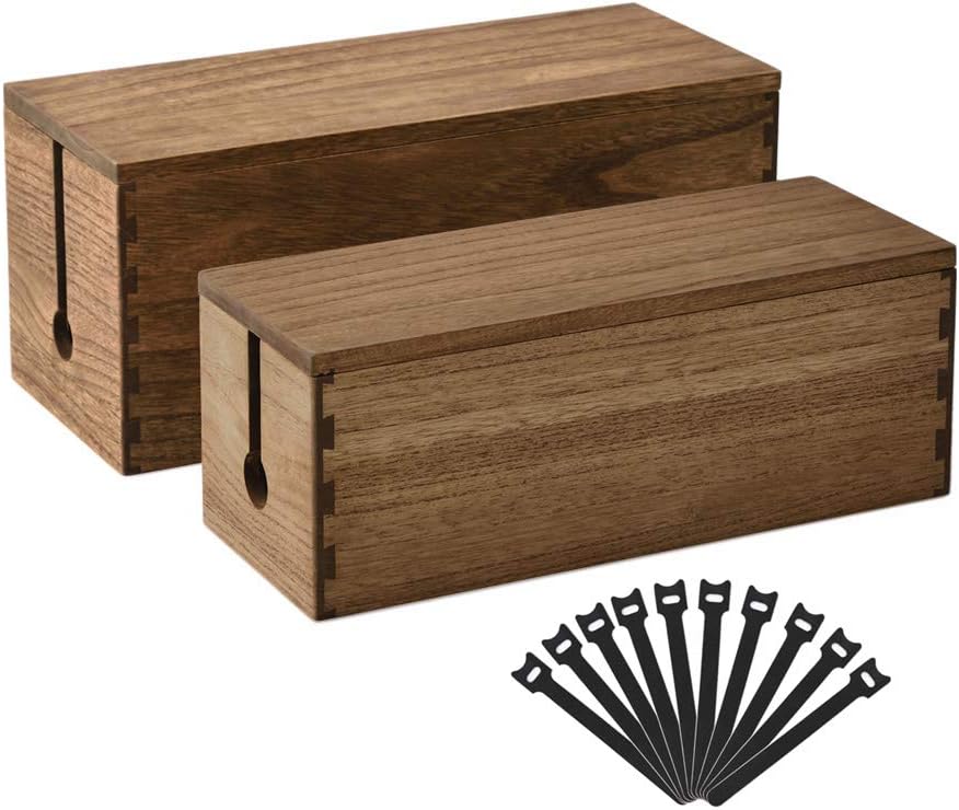 KIRIGEN Wooden Cable Management Box Set of 2 - Solid Wood Large & Small Cord Organizer Hides Power Strips, Chargers & Wires for Desk, TV Stand, Home Office DXH2T-NA