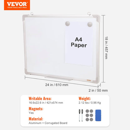 VEVOR Magnetic Glass Whiteboard, Dry Erase Board 36"x24", Wall-Mounted Large White Glassboard Frameless, with Marker Tray, an Eraser and 2 Markers, Black