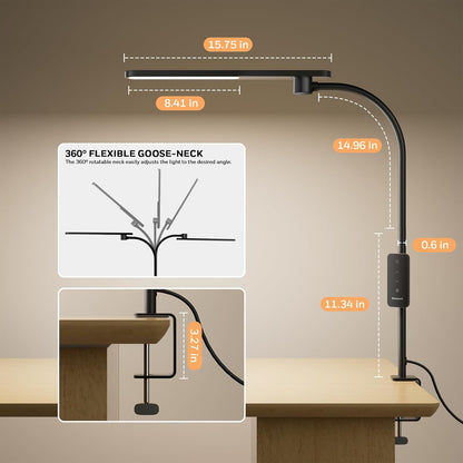 Honeywell HJ2 Sunturalux™ Clamp LED Desk Lamp, CRI≥97 Full-Spectrum Eye-Caring Light, 3 Color Modes & Stepless Dimming, 16" Flexible Gooseneck for Reading, Home Office, Art Creation (Black)