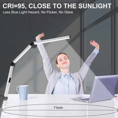LED Desk Lamp with Clamp, Architect Desk Lamp with Dual Light and Adjustable Swing Arm, Clip-on Eye-Care 4 CCT Modes & 5 Brightness Levels Table Light Modern Computer Lighting for Home Office