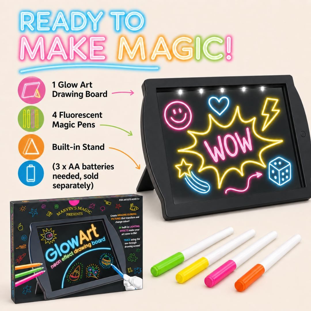 Marvin's Magic Glow Art Neon LED Drawing Board for Kids - Pink Doodle Board with Glow in the Dark Markers - Light Up Tracing Pad and Drawing Tablet - Mess Free Arts and Crafts Set Ages 5+