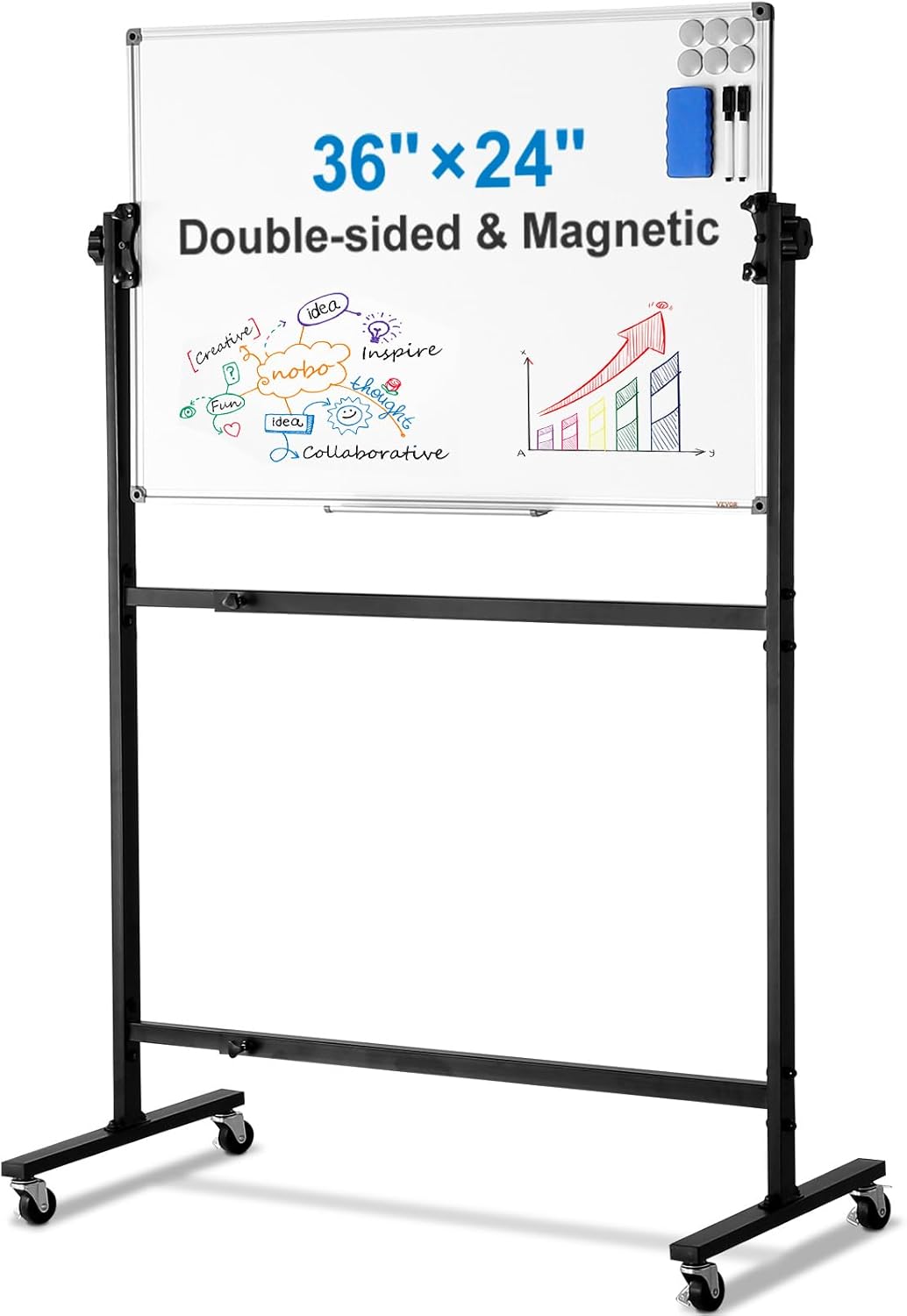 VEVOR Magnetic Glass Whiteboard, Dry Erase Board 36"x24", Wall-Mounted Large White Glassboard Frameless, with Marker Tray, an Eraser and 2 Markers, Black