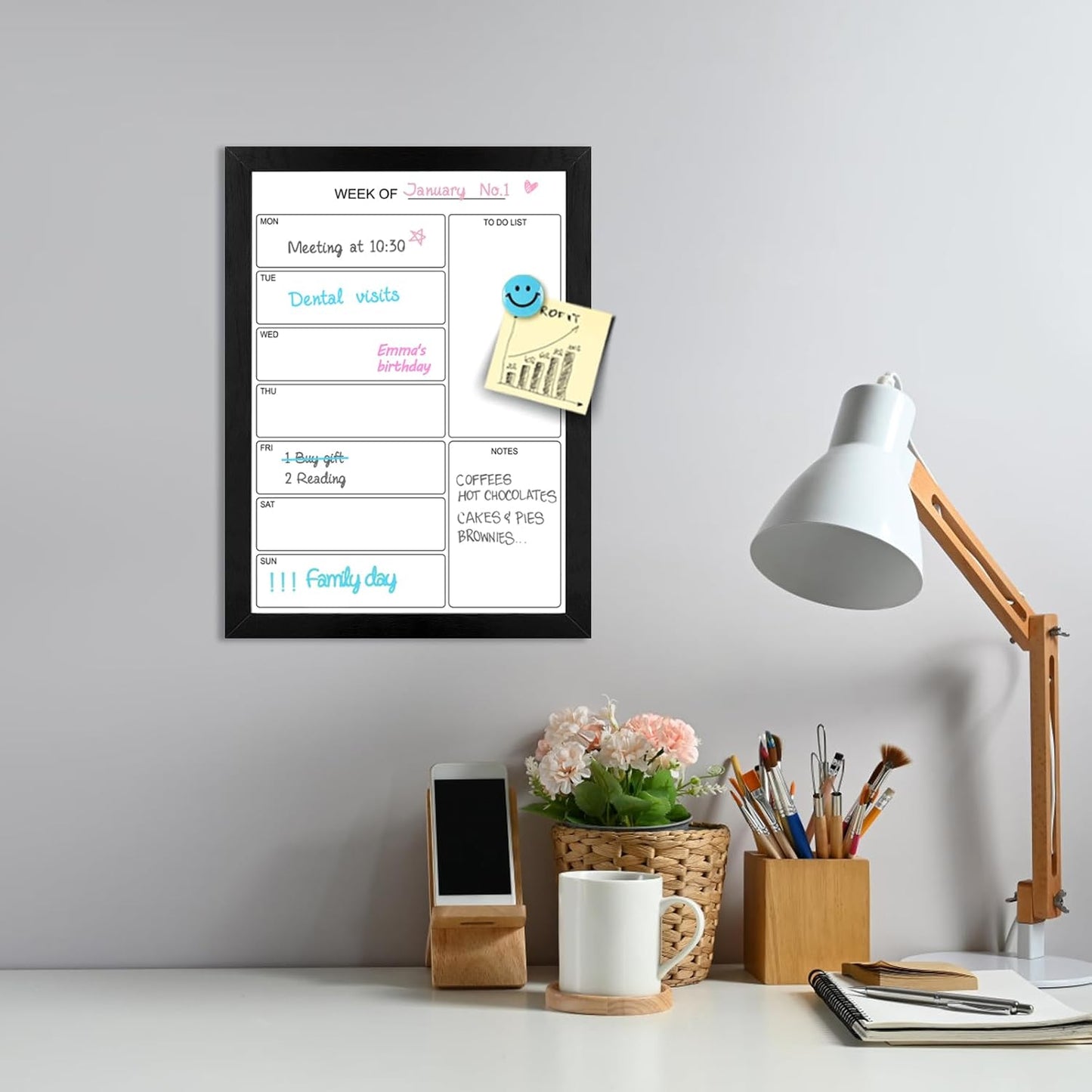 Weekly Dry Erase Whiteboard Calendar, 15.7"x11.8" Magnetic Surface Memo Board, Minimal Design Weekly Planner for Wall, Black Wood Frame Dry Erase Board for Office School Home(ZLBB-S-BK-3040)