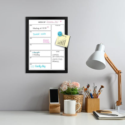 Weekly Dry Erase Whiteboard Calendar, 15.7"x11.8" Magnetic Surface Memo Board, Minimal Design Weekly Planner for Wall, Black Wood Frame Dry Erase Board for Office School Home(ZLBB-S-BK-3040)