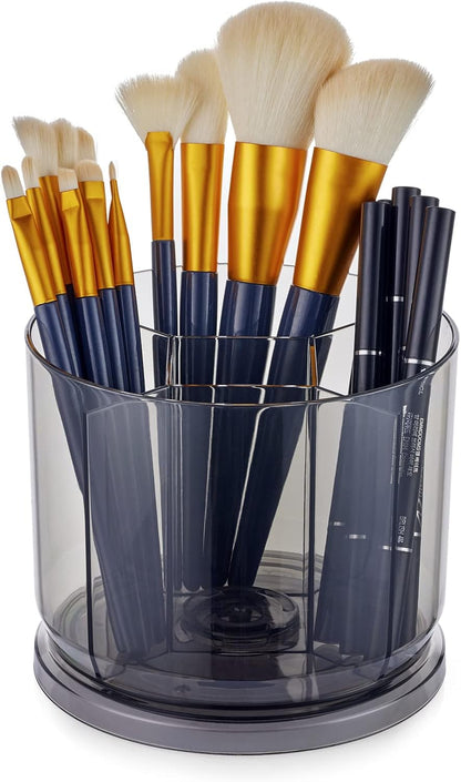 Makeup Brush Holder Organizer -Rotating 360° Clear Storage Cup Containers for Vanity, Desk, Countertop, Spinning Pen Holder for Desk, Round Make up Brush Stand with 5 Slots, for Cosmestics (Clear)