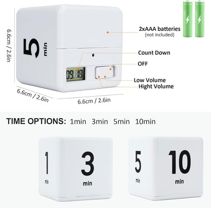Feilifan Cube Timer, Productivity Cube Flip Timer for Kitchen Studying Workout Classroom Kids ADHD 15-20-30-60 Minute Preset, White
