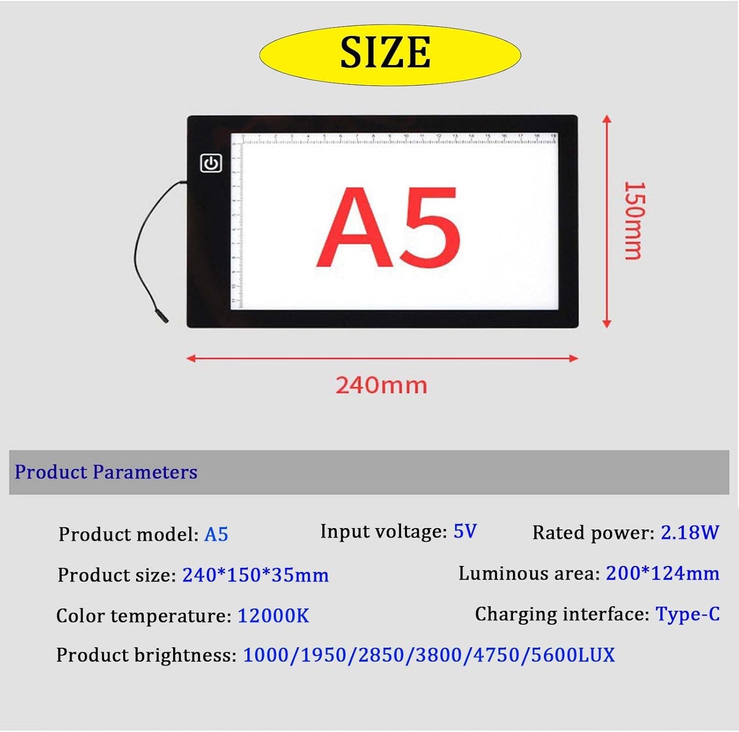 Generic Rechargeable Artist A3/A4/A2/A5 Light Table, Ultra-Thin Portable LED Light Box 3-Color Modes 6 Levels Dimming, Drawing Board Backlight for Sketching, Drawing, Tracing and Diamond Art