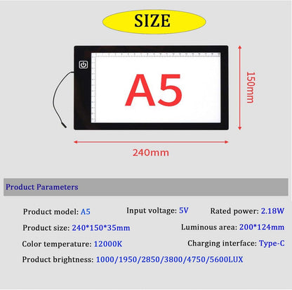 Generic Rechargeable Artist A3/A4/A2/A5 Light Table, Ultra-Thin Portable LED Light Box 3-Color Modes 6 Levels Dimming, Drawing Board Backlight for Sketching, Drawing, Tracing and Diamond Art
