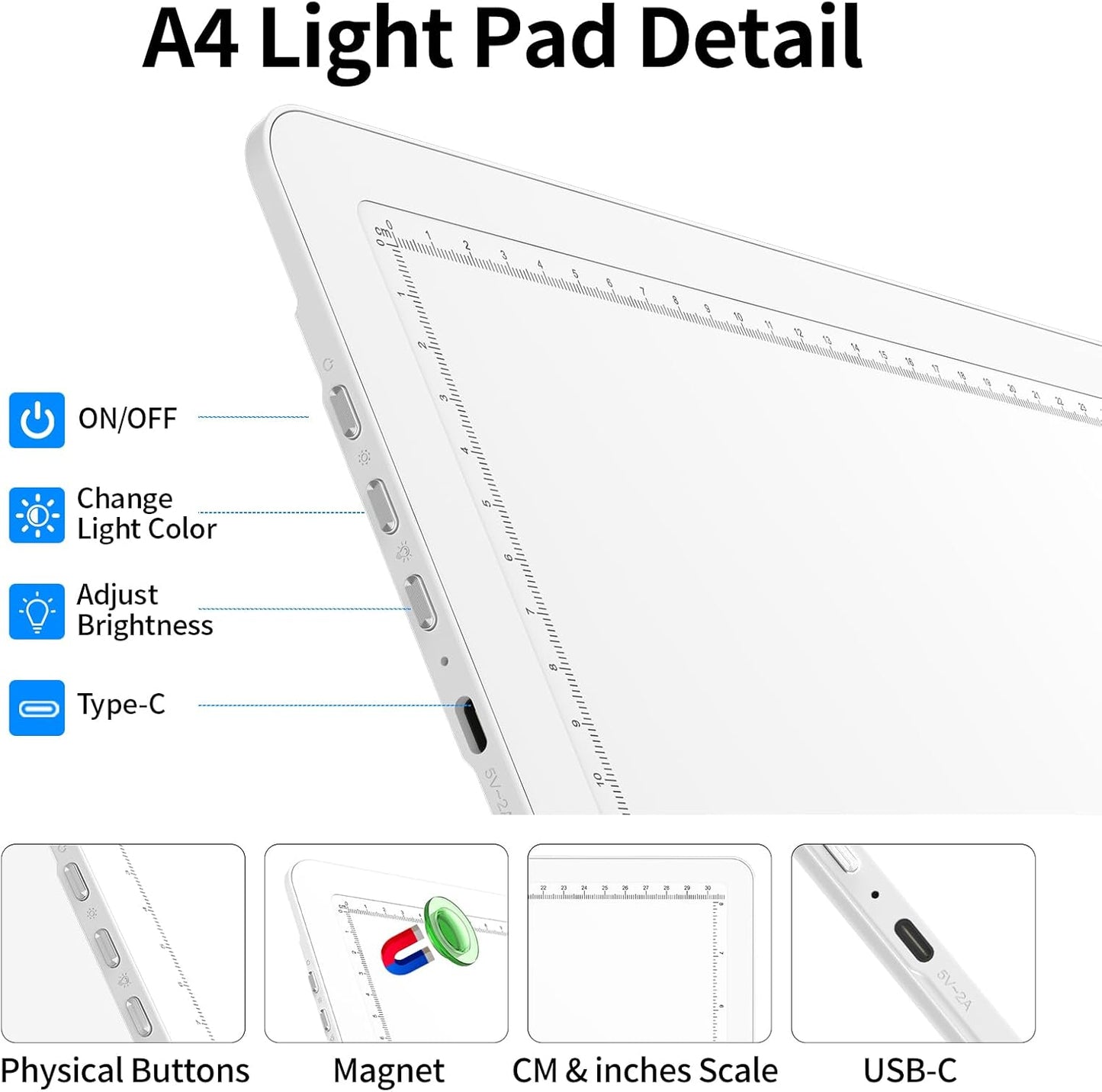 TOHETO Rechargeable A4 Light Board with Stand, Super Bright Magnetic Light Pad with Side Buttons, Wireless Light Box for Tracing and Drawing, Cordless LED Light Table for Diamond Painting, Sketching