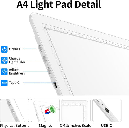 TOHETO Rechargeable A4 Light Board with Stand, Super Bright Magnetic Light Pad with Side Buttons, Wireless Light Box for Tracing and Drawing, Cordless LED Light Table for Diamond Painting, Sketching