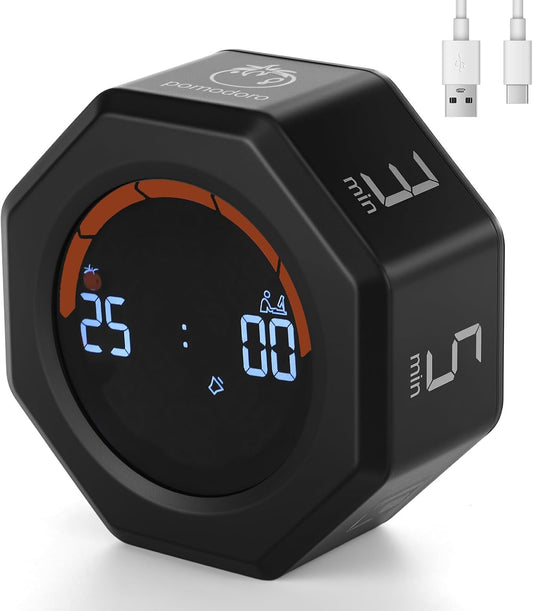 Small Productivity Timer - Pomodoro Timer with 3/5/10/25/60 Min Presets & Custom Countdown | Magnetic Rechargeable Digital Clock for Desk, Study and Games (White)