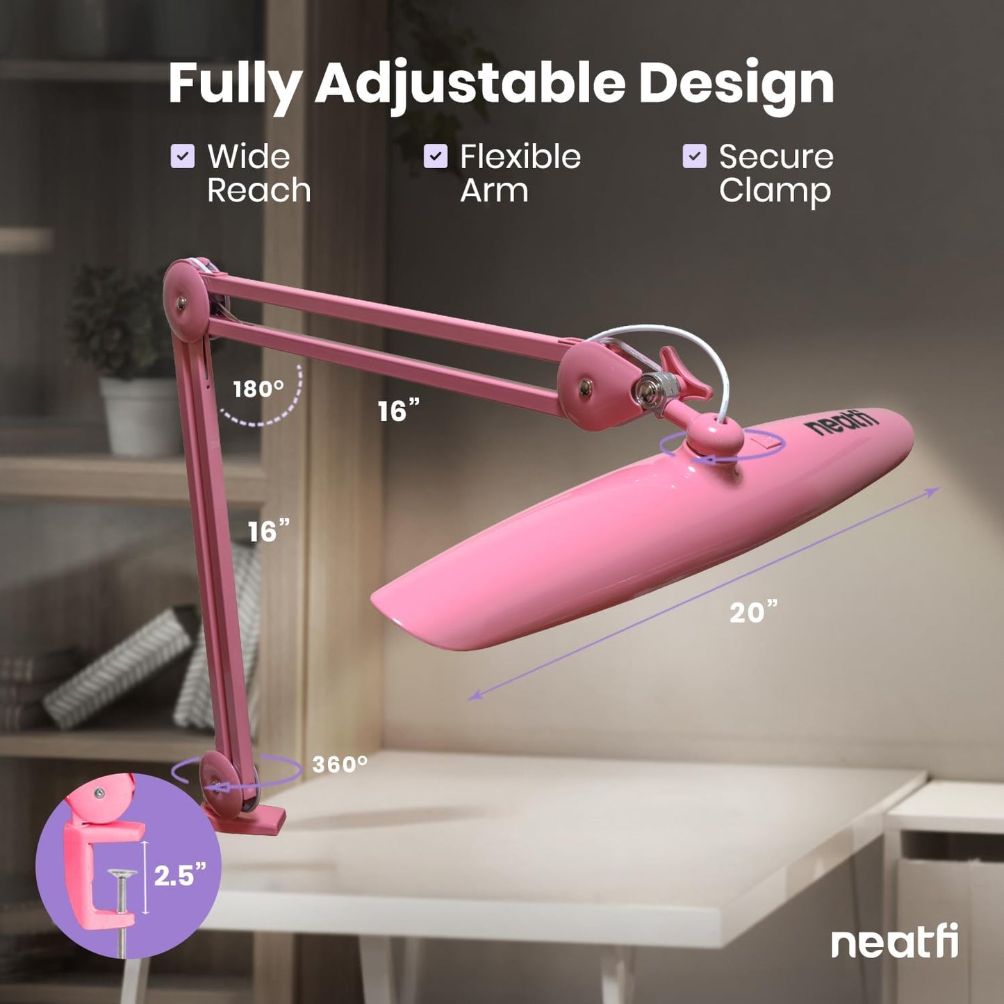 Neatfi XL 2200 Lumens 24W LED Desk Lamp – Shadow-Free Task Lighting | 4-Level Dimming | Home Office & Crafts Use | 20-Inch Wide Head (White, Non-CCT with Clamp)