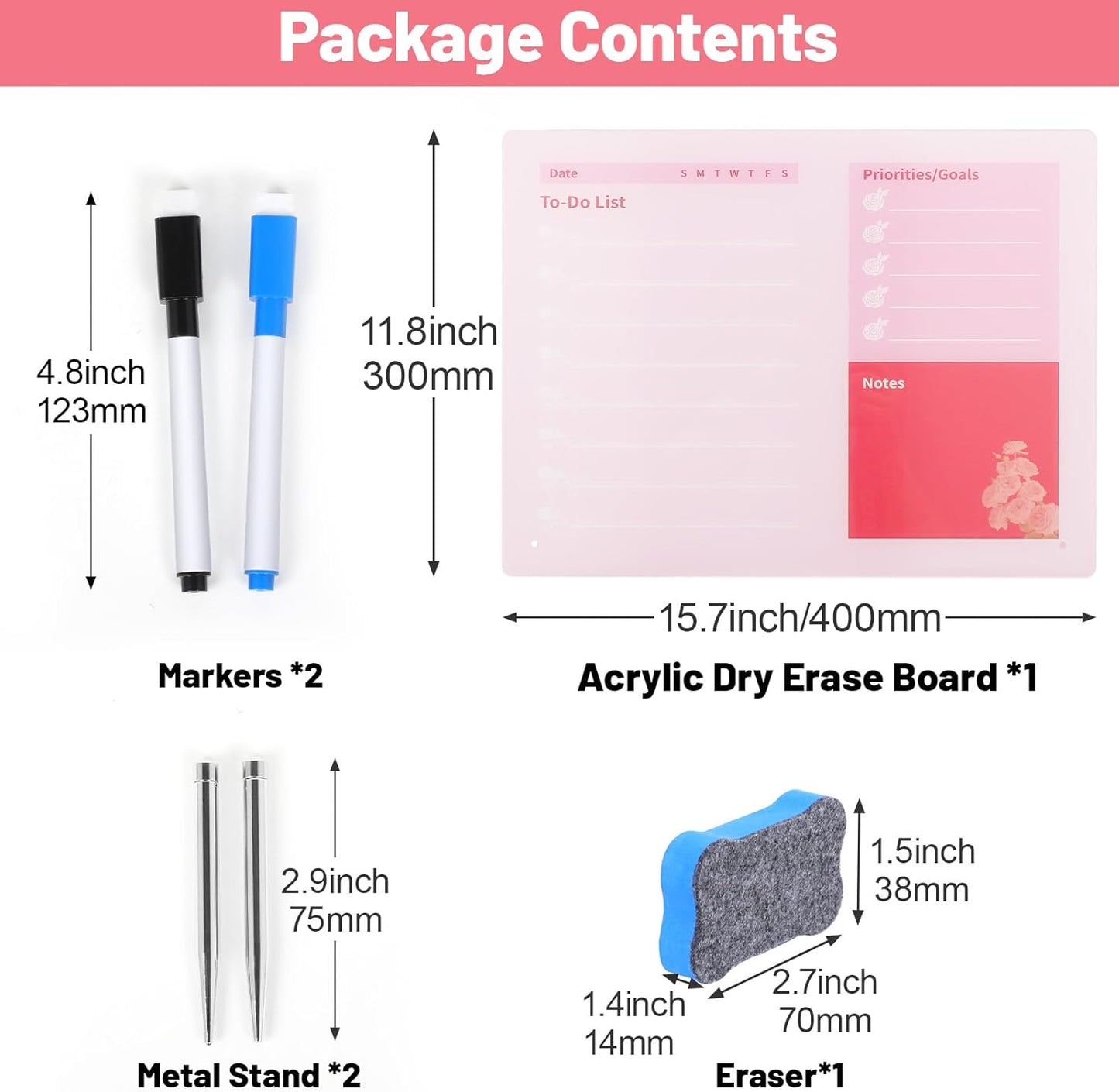 LeMotech Desktop Acrylic Dry Erase Board, 12x10 inches to-Do List Planner, Tabletop Whiteboard with Stand Office Supplies Includes 2 Markers & 1 Eraser, Pink Rose Pattern, 1 Pack