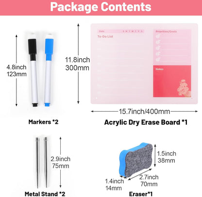 LeMotech Desktop Acrylic Dry Erase Board, 12x10 inches to-Do List Planner, Tabletop Whiteboard with Stand Office Supplies Includes 2 Markers & 1 Eraser, Pink Rose Pattern, 1 Pack