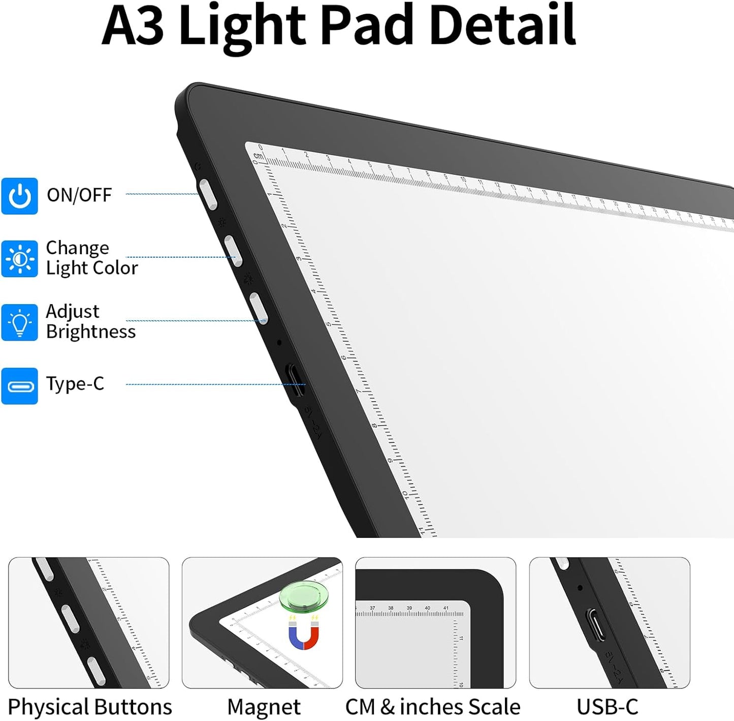 TOHETO Rechargeable A4 Light Board with Stand, Super Bright Magnetic Light Pad with Side Buttons, Wireless Light Box for Tracing and Drawing, Cordless LED Light Table for Diamond Painting, Sketching
