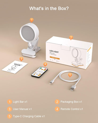 Clip on Light with 5000mAh Rechargeable Battery Operated, Eye Care Reading Light for Bed with 360° Rotation Touch & Remote, USB Clamp Light with 3 Color Modes & Dimmable for Headboard Bedside (white)
