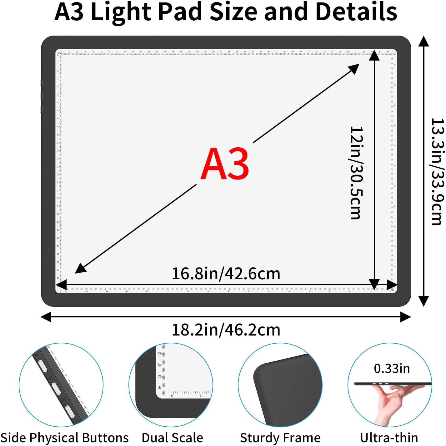 Rechargeable A4 Light Board for Diamond Painting, 9000 Lux Tracing Light Box with Side Physical Buttons, 3 Colors and 6 Levels of Brightness, LED Light Pad for Diamond Art, Drawing, Weeding Vinyl