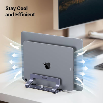 UGREEN 2-Slot Vertical Laptop Stand Holder Desk Compatible with MacBook Pro Air Laptop Stand Desktop Adjustable, Lenovo Ideapad, Surface Book, HP Notebook, Dell Chromebook Up to 17.3 Inch, Space Gray