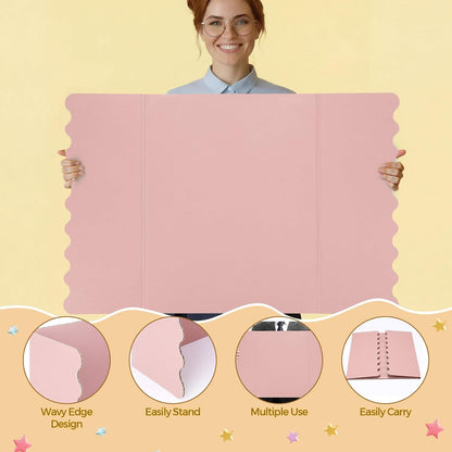 Mooliwe 4 Pack 24" X 16" Trifold Poster Board, Medium Tri Fold Boards Foldable Corrugated Presentation Display Scalloped Borders for Science Fair Events, School Projects, Exhibitions (Macaron)