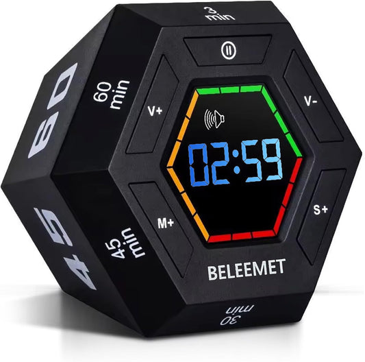 Pomodoro Timer,Hexagon Cube Magnetic Flip,ADHD Tools for Adults/Kids Task Timer for Office, Study, Exercise, Meditation,3/5/15/30/45/60min&Custom Digital Countdown, Adjustable Sound,Black