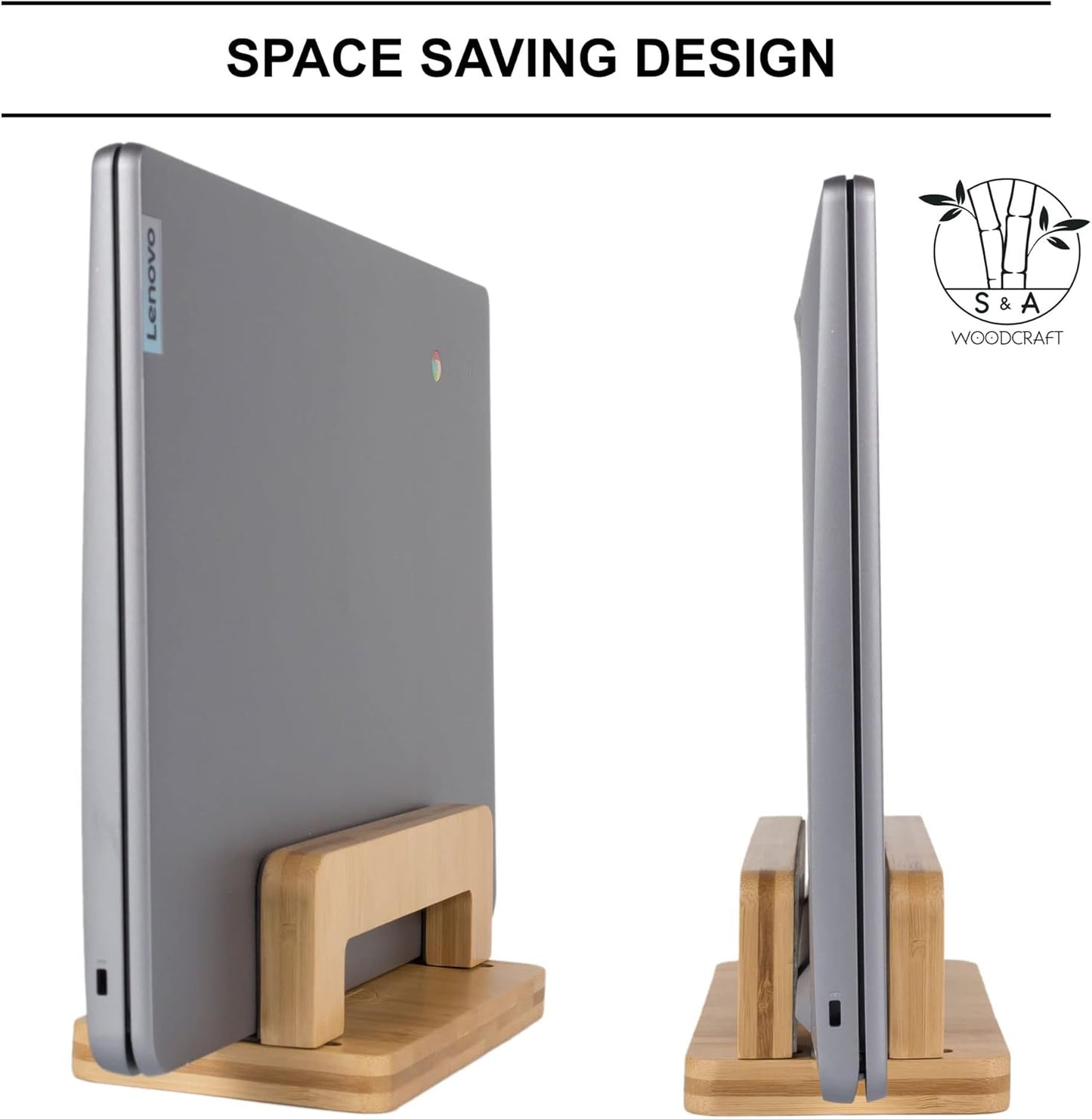 S&A WOODCRAFT 3 Slots Bamboo Wood Vertical Laptop Stand, Adjustable Wooden Laptop Holder, Non-Slip Laptop Dock Compatible with Apple MacBook, Microsoft Surface, Gaming Laptops, IPad, Tablets