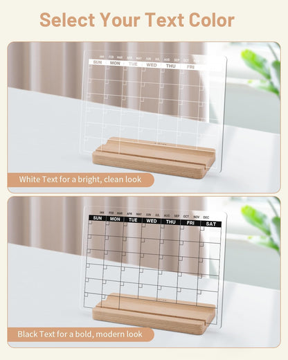 Acrylic Dry Erase Monthly Calendar Board for Desk, 9x13 Transparent Acrylic Whiteboard with Date Grid, Wood Stand, 6 Wet Erase Markers, for Home, Office, School (White Text)