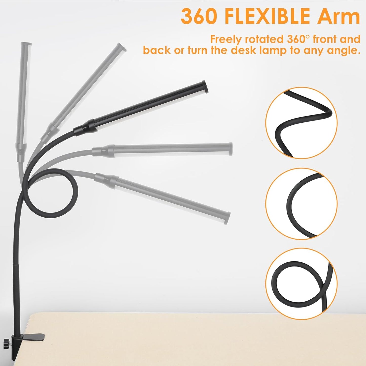 ShineTech LED Desk Lamp with Clamp, Eye-Caring Clip on Desk Light with 3 Color Modes & Stepless Dimming, 360° Flexible Gooseneck Desk Lamp for Home Office College Dorm with USB Adapter