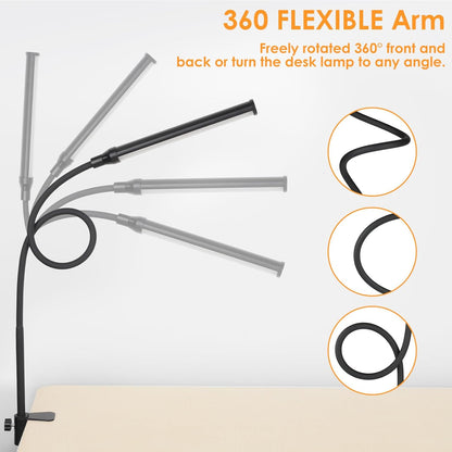ShineTech LED Desk Lamp with Clamp, Eye-Caring Clip on Desk Light with 3 Color Modes & Stepless Dimming, 360° Flexible Gooseneck Desk Lamp for Home Office College Dorm with USB Adapter