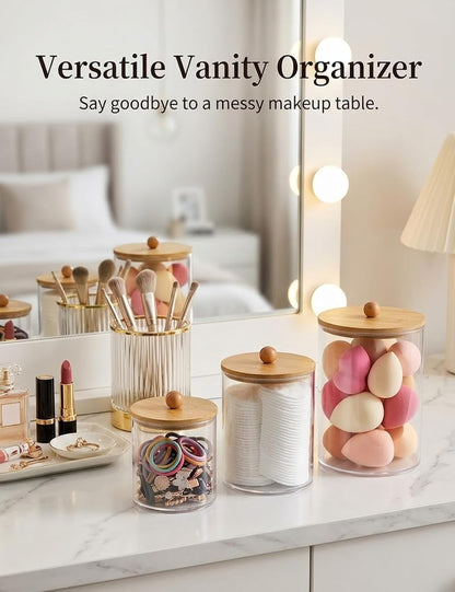 Q Tip Holder for Bathroom with Bamboo Lid, Medium Clear Plastic Cotton Swab Dispenser, Shatterproof Apothecary Jar, Vanity Organizer for Cotton Balls Rounds Hair Ties