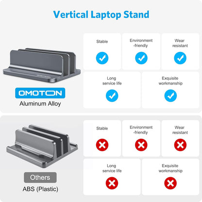 OMOTON Vertical Laptop Stand [Updated Double Version], Desktop Aluminum Mac Book Stand with Adjustable Dock Size, Fits All Mac Book, Surface, Chrome Book and Gaming Laptops (Up to 17.3 inch) (Black)
