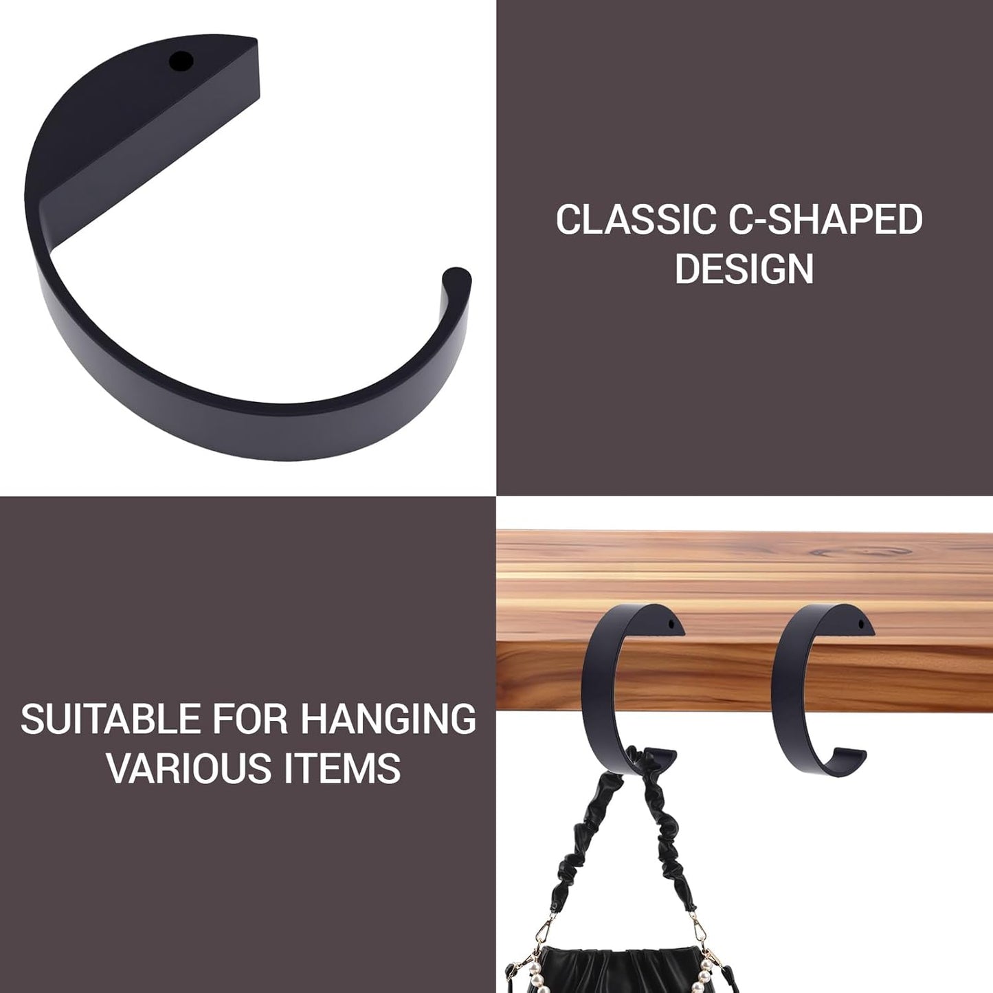 2PCS C Shape Purse Hook for Table, Portable Desk Handbag Hanger, Non-Slip Heavy Duty Bag Holder for Office and Dining Use，High-Strength Aluminum Alloy Material (2 Black)