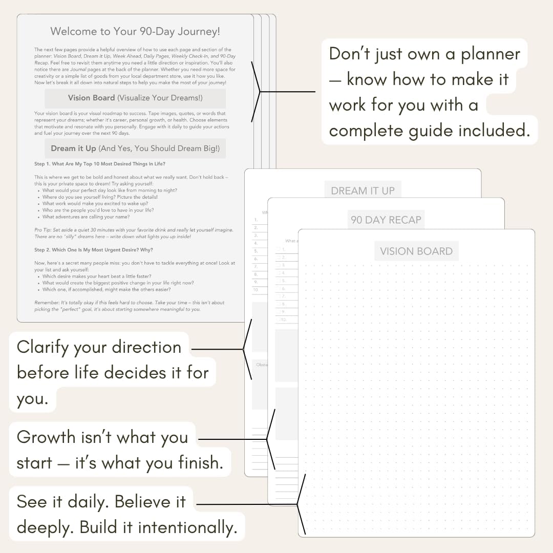 Pland Studio 90-Day Planner Journal – Undated Daily Goal Organizer in Alabaster Linen | Gratitude Journal, Habit Tracker, Vision Board, and Reflection Pages for Mindful Planning