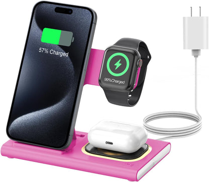 3 in 1 Foldable Charging Station for Apple Products,Wireless Charger for iPhone 17 16 15 14 13 12 Pro Max,Travel Dock Adapter&Light for iWatch Series 11 10 9 Ultra 3/2 SE 3/2,for AirPods 4 3 2 Pro 3/2