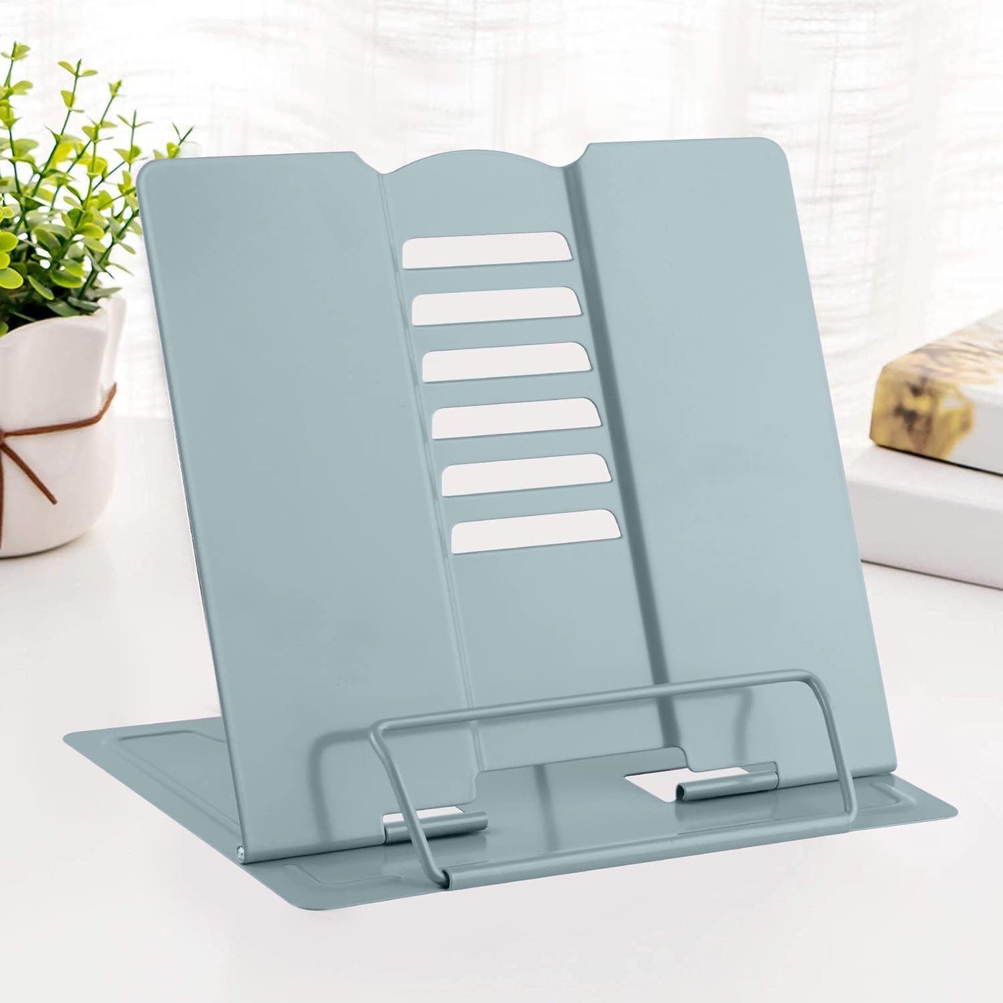 MSDADA Desk Book Stand Metal Reading Rest Book Holder Adjustable Cookbook Documents Holder Bookstands for Recipes Textbook Music Books, the First Day of School Gift for Students, Teachers (Light Blue)