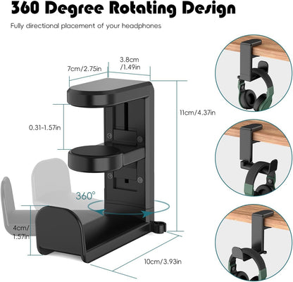 Rotating Headphone Hook - Under Desk Headphone Holder with 360-Degree Adjustable Rotation&Cable Clip Organizer - Black