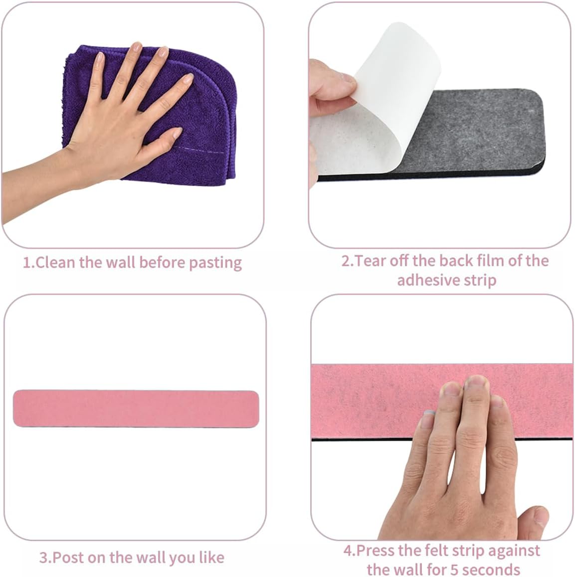 Vuzvuv 8 pcs Bulletin Board Bar Strips with 50 Pushpins & 10 Wooden Clip pins，Self Adhesive Cork Board for Wall，Felt Pin Board for School，Office Decor（Black White Grey）