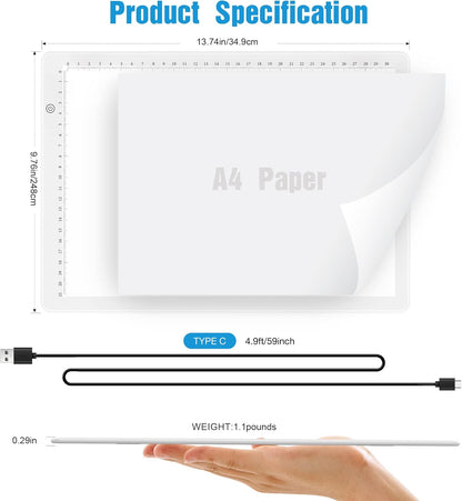 Comzler Tracing Light Board, A4 White Dimmable Brightness LED Light Table, Light Drawing Board for Tracing, Sketch Light Pad for Artists, Animation, Sketching, Stenciling