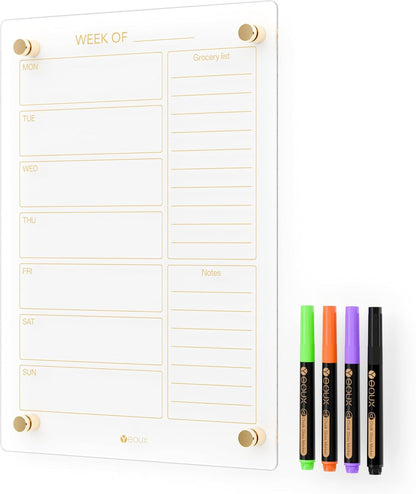 Glass Golden Weekly Dry Erase Calendar & Menu Whiteboard for Wall, Meal Planning & Grocery Shopping List White Board for Kitchen, 15x11, 7 Days Planner for Home, 4 Wet Erase Markers Included, Yeoux*