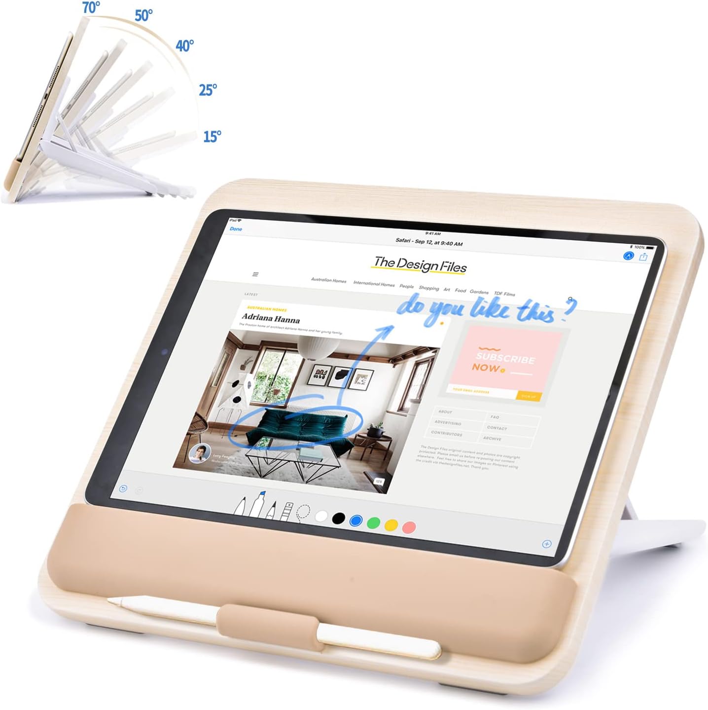 Wooden Tablet Stand for iPad Pro 12.9/11, Air, Mini, Fire HD, Samsung Galaxy Tab and More - Adjustable Portable Mount for Drawing/Desk/Writing/Watching