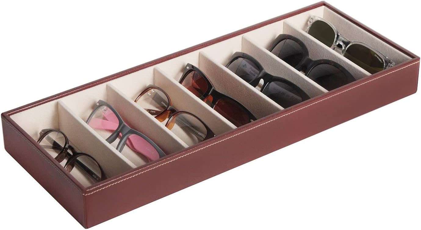J JACKCUBE DESIGN 7 Slot Sunglasses Organizer, Leather Eyeglass Storage Tray Box for Table, Desk, or Drawer - MK378