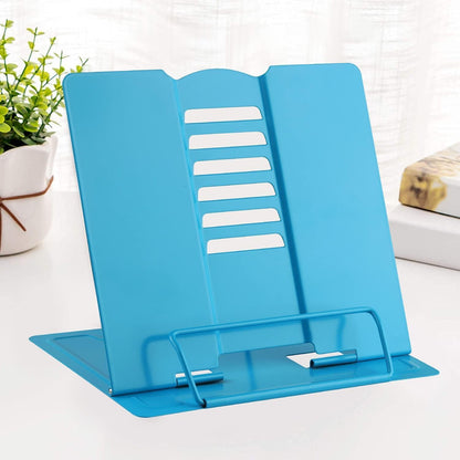 MSDADA Desk Book Stand Metal Reading Rest Book Holder Adjustable Cookbook Documents Holder Bookstands for Recipes Textbook Music Books, the First Day of School Gift for Students, Teachers (Light Blue)