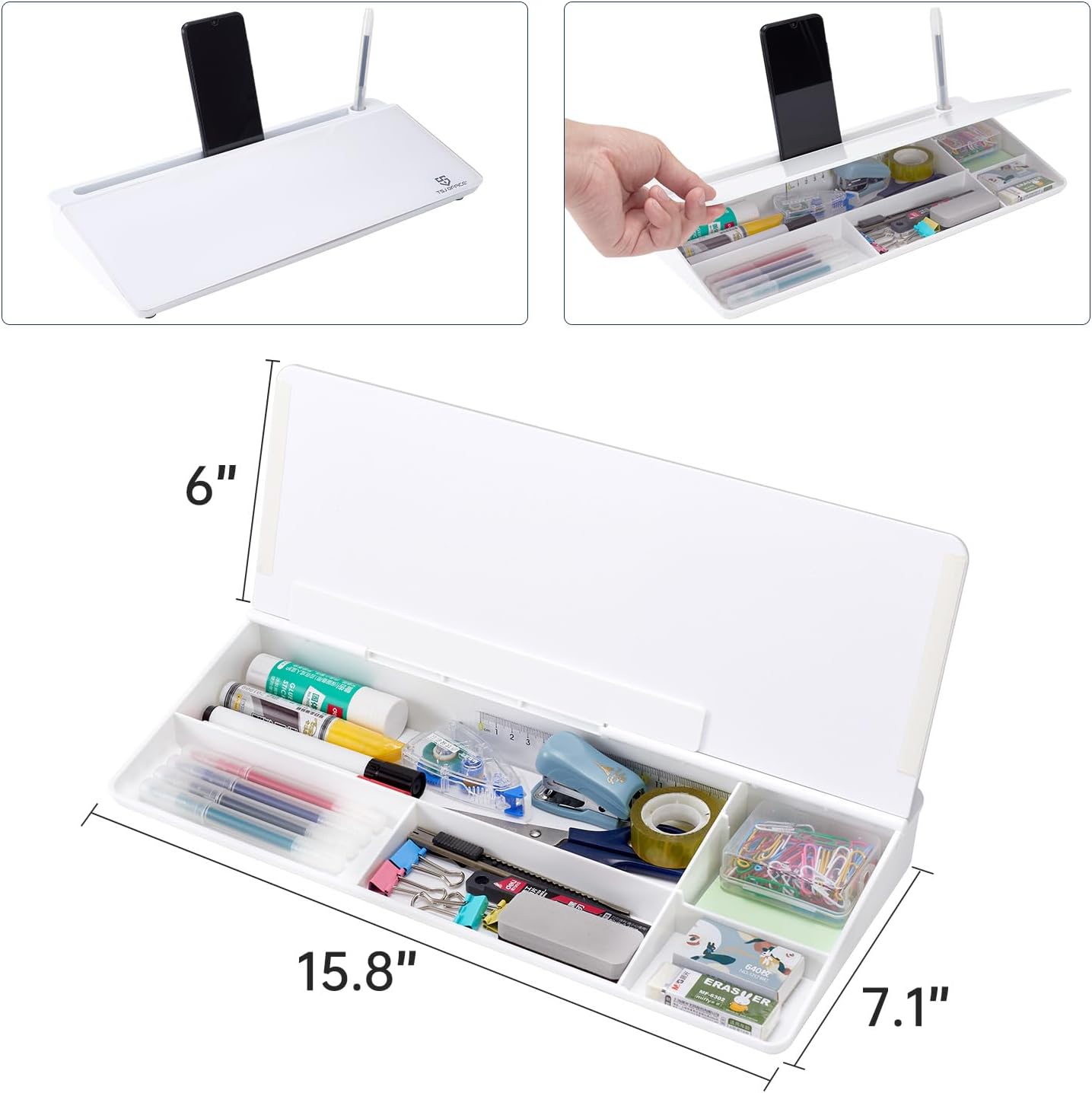 TSJ OFFICE Small Desktop Whiteboard -Glass Dry Erase Board Computer Keyboard Stand White Board Surface Pad with Drawer, Desk Organizers with Accessories for Office, Home, School Supplies - White