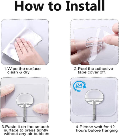 JINSHUNFA Adhesive Wall Hooks 13LB Heavy Duty No Drill Large Transparent Waterproof Hooks for Bathroom Kitchen Towel Coat 8 Pack