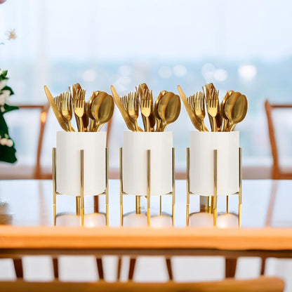 Gold Pencil Cup Sturdy Metal Frame With White Ceramic Pen Holder For Desks and kitchen Appliance Holders