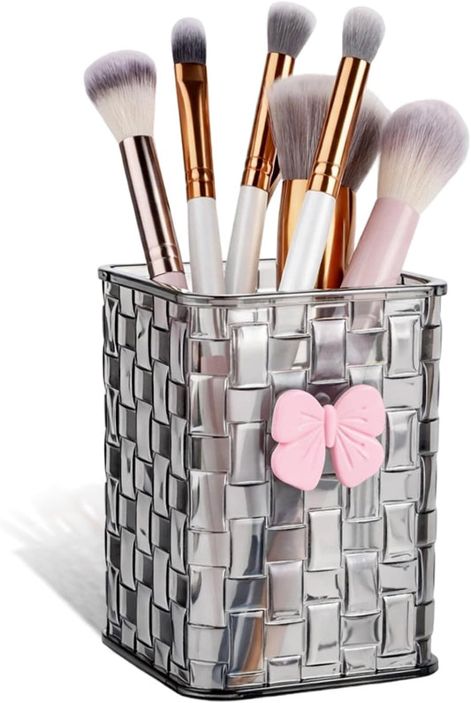 Artistic Acrylic Pen Holder Cute, Clear Stylish Pencil Holder for Desk, Black Transparent Makeup Brush Holders with Woven Texture and a Pink Bow, Clear Pencil Organizer Pen Caddy for Desk Accessories