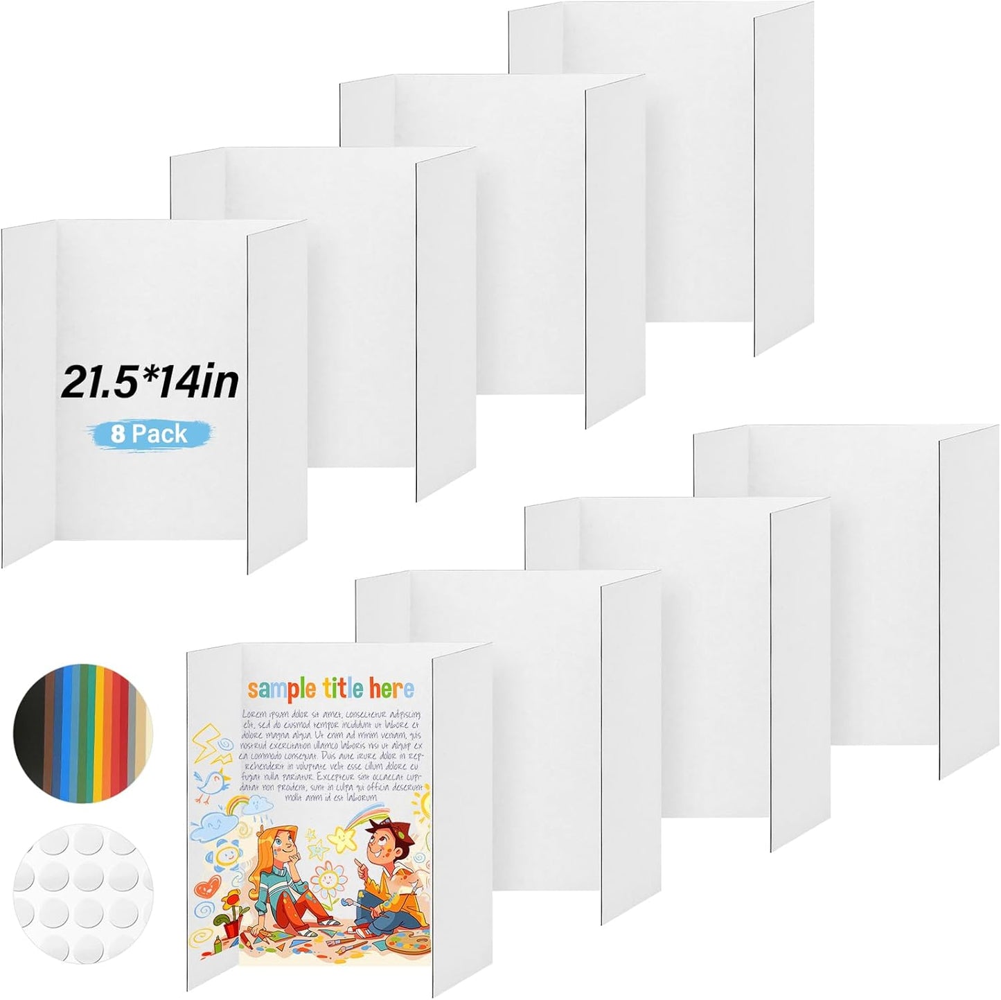 4 Pcs Trifold Poster Board, 21.5x14 inches Small White Poster Board Comes with Sticky Accessories, Corrugated Presentation Boards, Display Board for School Projects, Business Presentations
