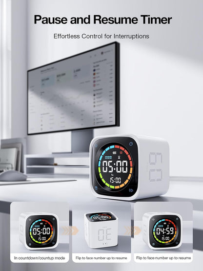 TK3 Pomodoro Timer Cube, Desk Productivity Timer with 5/10/30/60 Min Presets, Custom Countdown, Stopwatch, Clock, 3 Alarm, Silent, Vibrate & Sound Alert, for Task, ADHD, Study, Kitchen, Black